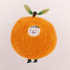 a whimsical character is drawn to look like an orange. the orange is a perfect circle with two small green leaves and a small brown stem at the top. a small person peeks out from the middle of the orange, with only its head and legs showing. the person has a simple, happy face with a small smile. the background is a plain white color. the drawing is done in a cute, childlike style.