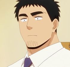 the image shows a closeup of an adult anime man with short black hair and thick eyebrows. he has a serious expression on his face and appears to be staring intently at something. he is wearing a white buttondown shirt with a blue tie. the background is a pale yellow color. the lighting is soft, giving the image a warm and inviting feel.