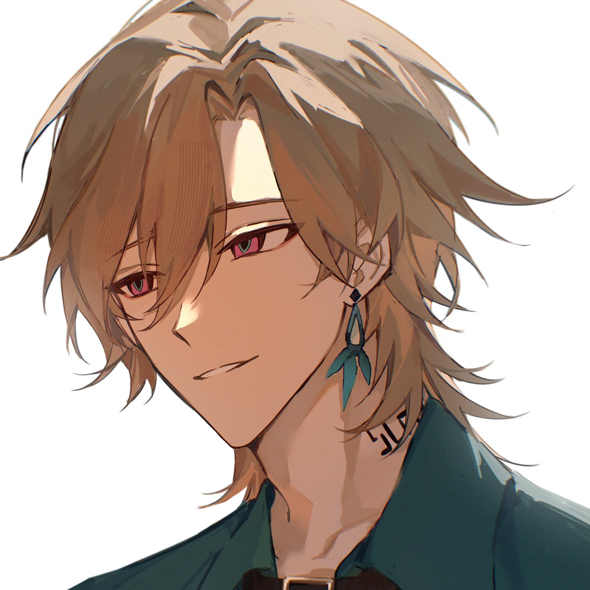 a closeup portrait of a young anime boy with blonde hair, wearing a green shirt, smiling, looking off to the side. he has red eyes and a small earring with blue and green stones. his hair is styled with long bangs framing his face. his expression is friendly and warm.