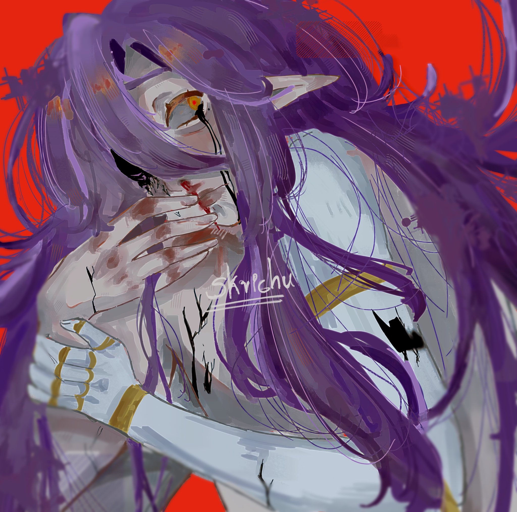 a digital illustration of an anime character with long purple hair. the character is covered in blood,  and is covering their face and chest with their hands, appearing to be in pain or distress. the background is a solid red.  the art style is soft and brushstroke heavy with a focus on the details of the character.  the character has an expression of sadness, possibly in pain or suffering.
