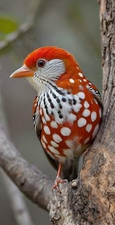 a close up of a small, red and white spotted bird perched on a tree branch. the bird has a bright red head and white spots all over its body. it is looking to the side and its beak is open slightly.