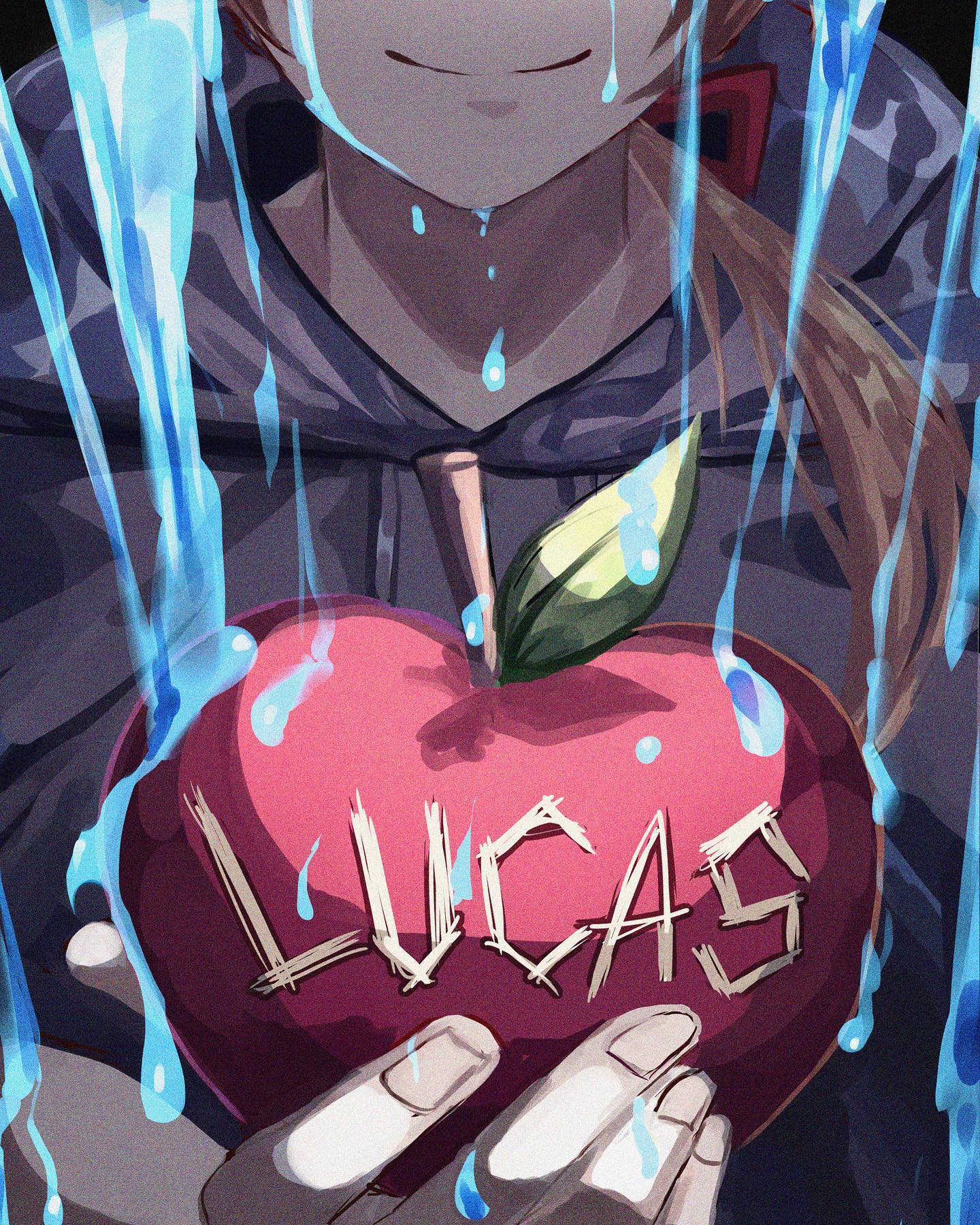 the image is a digital drawing in an anime/manga style. it depicts a young girl with long blonde hair, wearing a dark grey hoodie, visibly upset and crying in the rain.  water droplets stream down her face and her clothing. she's holding a large, red apple in her hands. the word "lucas" is deeply carved into the skin of the apple. the overall mood is melancholic and emotional; the lighting and color scheme enhance the somber atmosphere. the focus is on the girl and the apple, which seems to be a significant object.