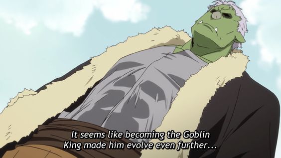 a close up view of a green skinned goblin wearing a long, white fur coat with brown accents. his eyes are closed and he appears to be tired. the goblin is lying down and the quote “it seems like becoming the goblin king made him evolve even further…” can be seen in the bottom right corner.