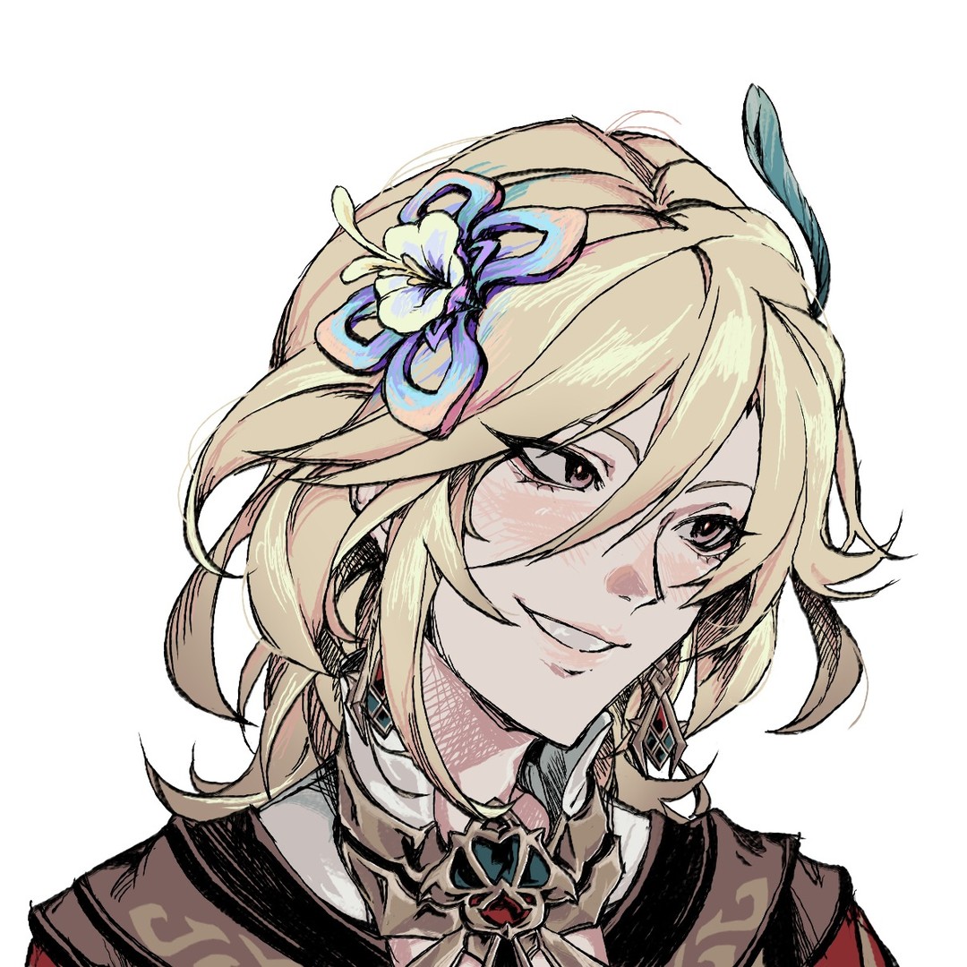 the image is a closeup digital illustration or drawing of a young woman with anime/manga style features. she has long, wavy blonde hair adorned with a colorful, stylized flower accessory. her expression is a sly or confident smirk. she's wearing elaborate, decorative clothing that appears to be fantasyinspired. the art style is detailed, with visible brush strokes or digital painting techniques, and a vibrant color palette.  the overall aesthetic is a blend of whimsical and elegant.