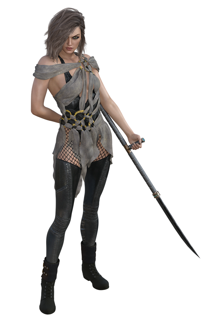 a digital rendering shows a woman in a warrior outfit, holding a long sword, posed against a black background. she has short gray hair and a stern expression. her outfit includes a sleeveless gray dress, a black leather underlayer with gold accents around the waist, black leather pants, and black leather boots. the sword is long and has a decorative handle. the style of the image suggests a fantasy or video game character concept.