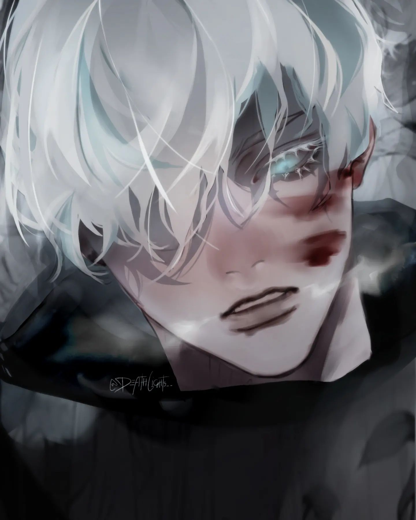a closeup, stylized portrait of an anime boy with striking white hair and a single piercing blue eye. he wears a dark hoodie against a smoky, abstract background. his expression is intense, marked by a recent scar and traces of blood near his eye. the overall mood is dark and brooding, heightened by the dramatic lighting and cool color palette.