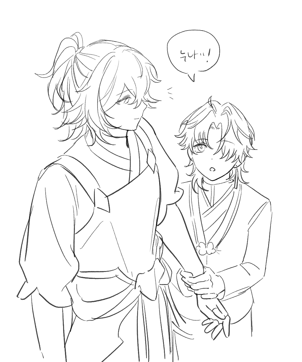 this is a black and white drawing of two anime characters, one a young boy and the other a young girl, talking to each other. the boy has a surprised look on his face and the girl has a calm expression, but it looks like she's trying to be reassuring. they are both dressed in traditional japanese clothing. the boy is looking at the girl and the girl is looking at the boy, and they both have happy expressions on their faces. they appear to be friends or siblings. the drawing is in a comic style and the characters are drawn in a simplified style. the background is simple and there is no background detail. the drawing is in a light and airy style.