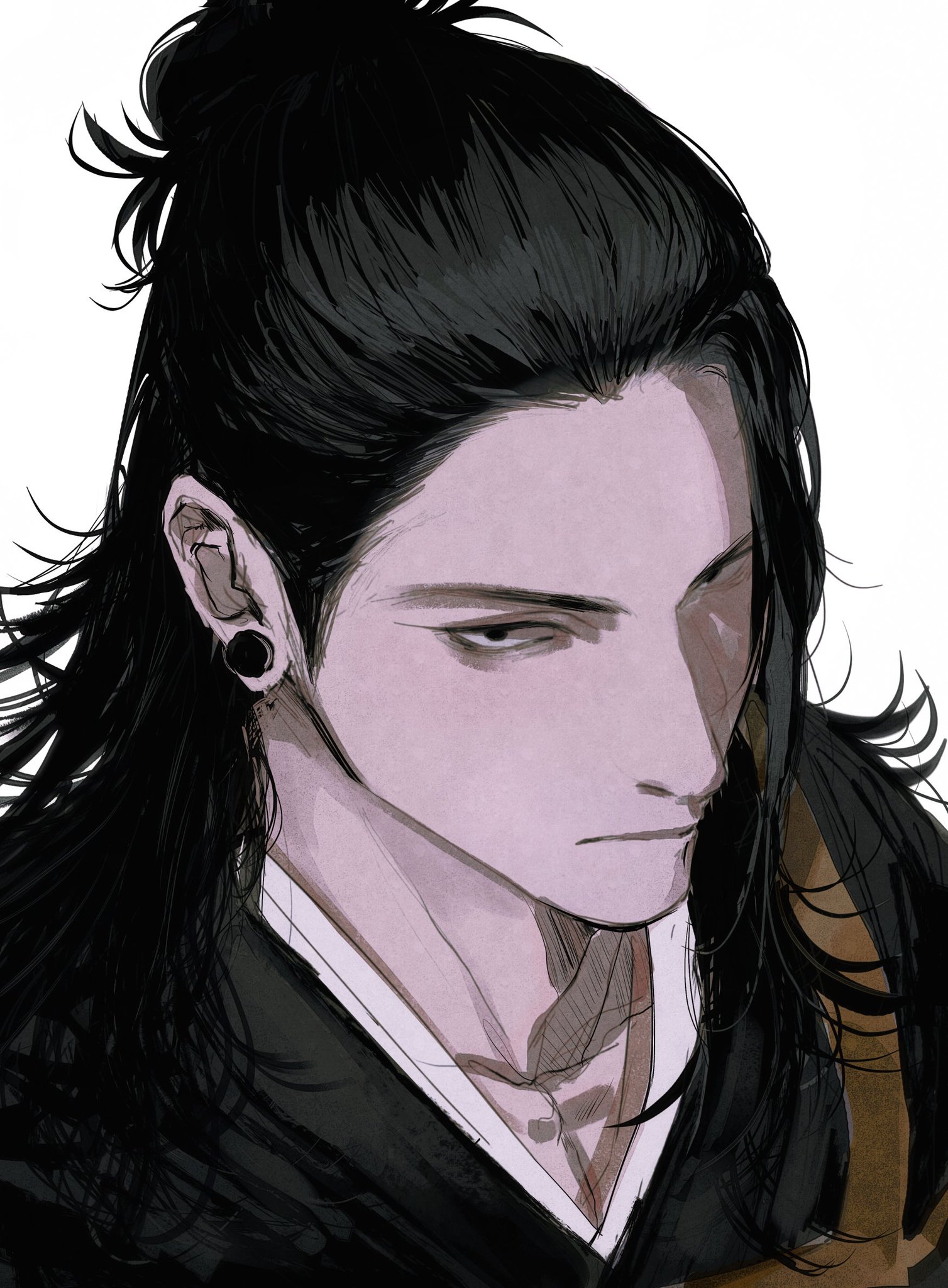 a drawing of a handsome anime man with long black hair tied up in a bun, wearing a dark collared shirt, looking down with a serious expression.