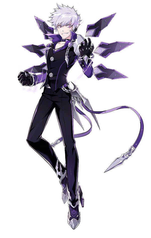 this image features a male anime character with white hair and a black suit, standing in a dynamic pose with outstretched wings and sharp weapons. the character's eyes are glowing purple, and his expression is serious and intense, suggesting he's either in the middle of a fight or about to engage in one. the overall aesthetic is dark and edgy, with a powerful and dangerous vibe. the illustration is done in a vibrant, detailed style, with sharp lines and strong color contrasts.