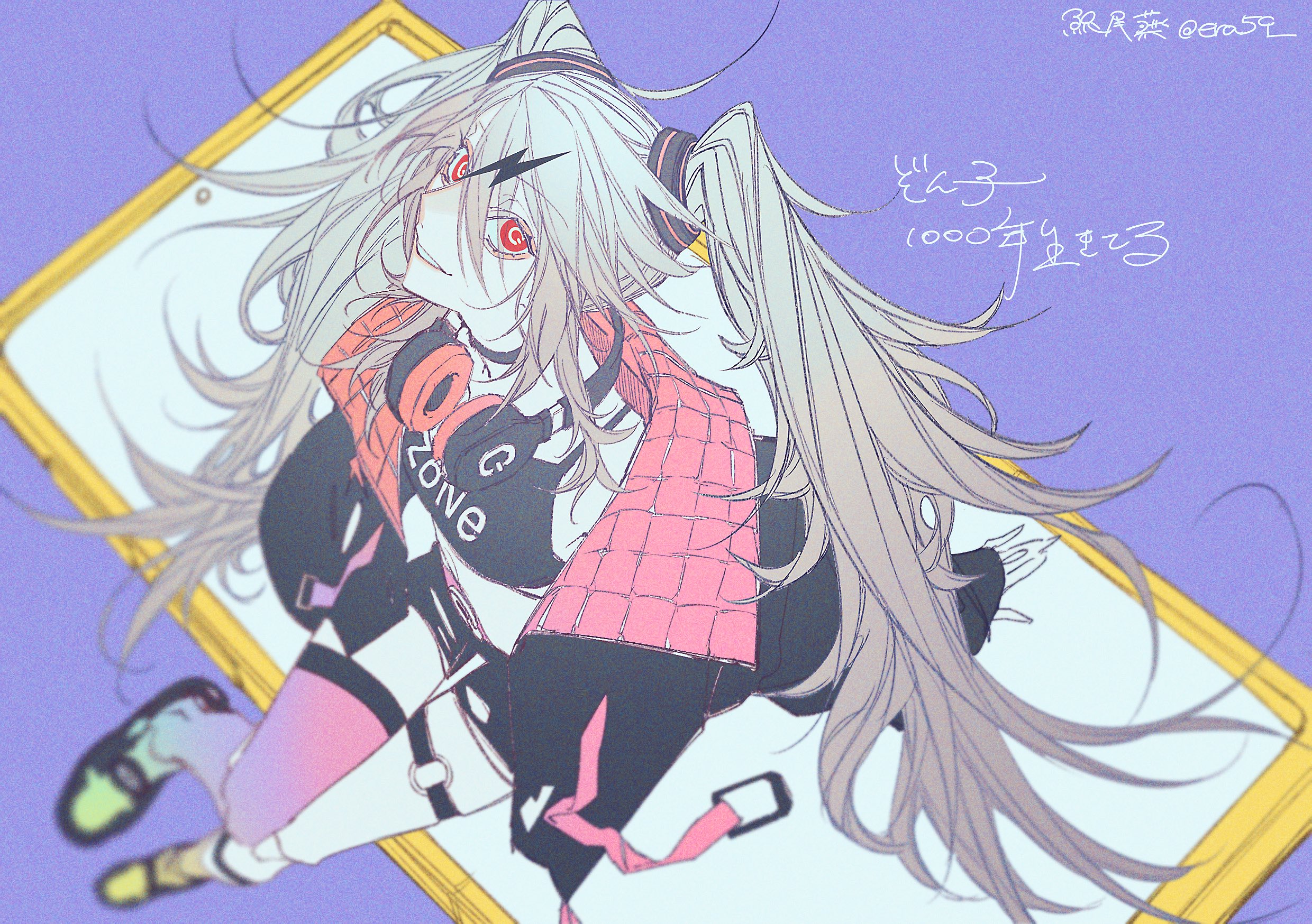 the image is a vibrant digital illustration of an animestyle girl with long, flowing white hair and striking red eyes. she is wearing a pink and black checkered jacket, black top with "g zone" written on it and headphones around her neck. her pose is dynamic, suggesting movement and energy, and her expression is playful. she seems to be lying on a large tablet or similar device. the overall style is trendy and expressive, with a mix of sharp lines and softer shading.  there is text in the upper right corner indicating a celebration of 1000 days. the background is a light purple. the style is reminiscent of modern digital fanart or mangainspired illustrations.