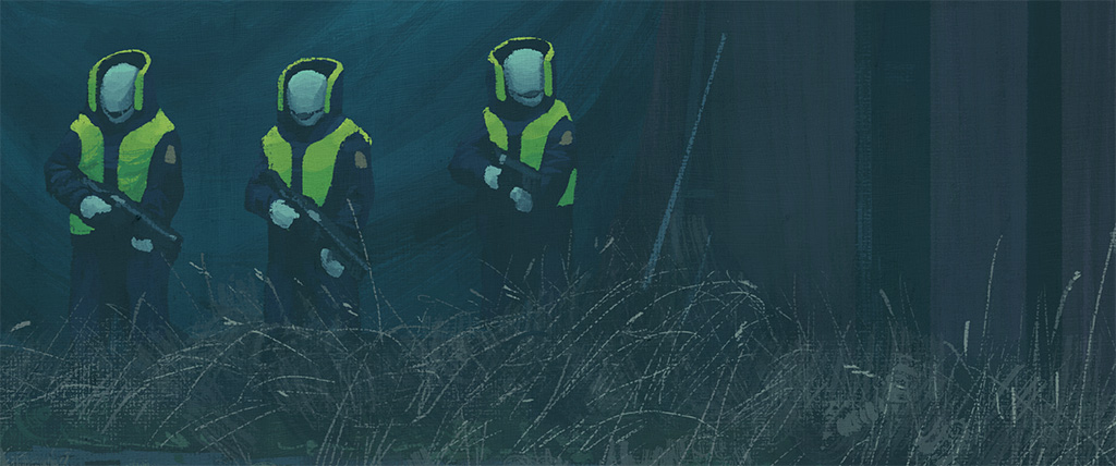 three soldiers, clad in dark clothing, stand in a thick forest at night. the soldiers are armed with rifles and wear helmets that conceal their faces, adding an air of mystery and intrigue to the scene. the forest is dense and dark, with tall, thin trees and shadowy foliage. the soldiers appear to be camouflaged, blending in with the surrounding environment. the scene evokes a sense of danger and uncertainty, suggesting a secret mission or a dystopian future.