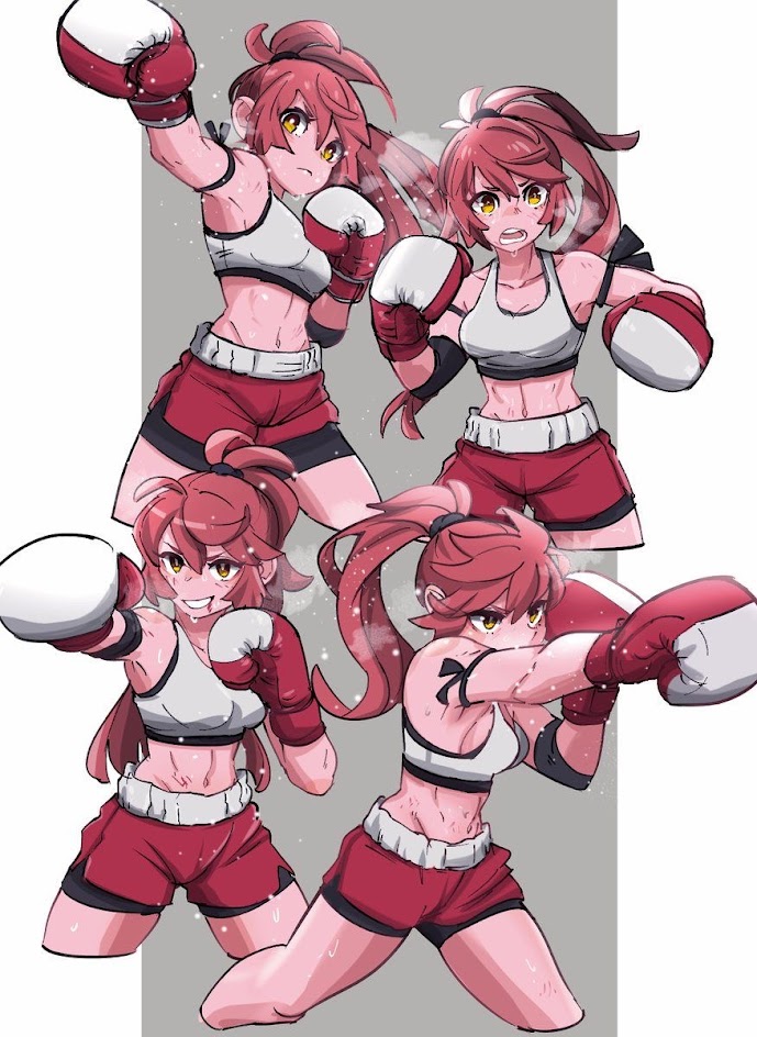 this digital art depicts a redhaired woman in various action poses with boxing gloves. the woman is dressed in a red crop top, black shorts, and white boxing gloves. she has a determined expression on her face and is clearly ready to fight. the artist has skillfully captured the energy and intensity of boxing, making this a visually striking image. the image is drawn in a dynamic style that highlights the woman's strength and athleticism.