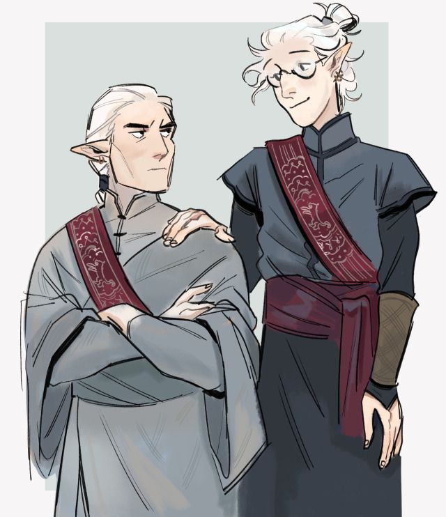 two men, both with white hair, standing side by side. the man on the left is an elf with pointed ears and gray clothes. the man on the right is also wearing gray clothes, but has a dark sash over his chest. he is smiling while looking at the elf. the elf looks back at the man, seemingly thoughtful.