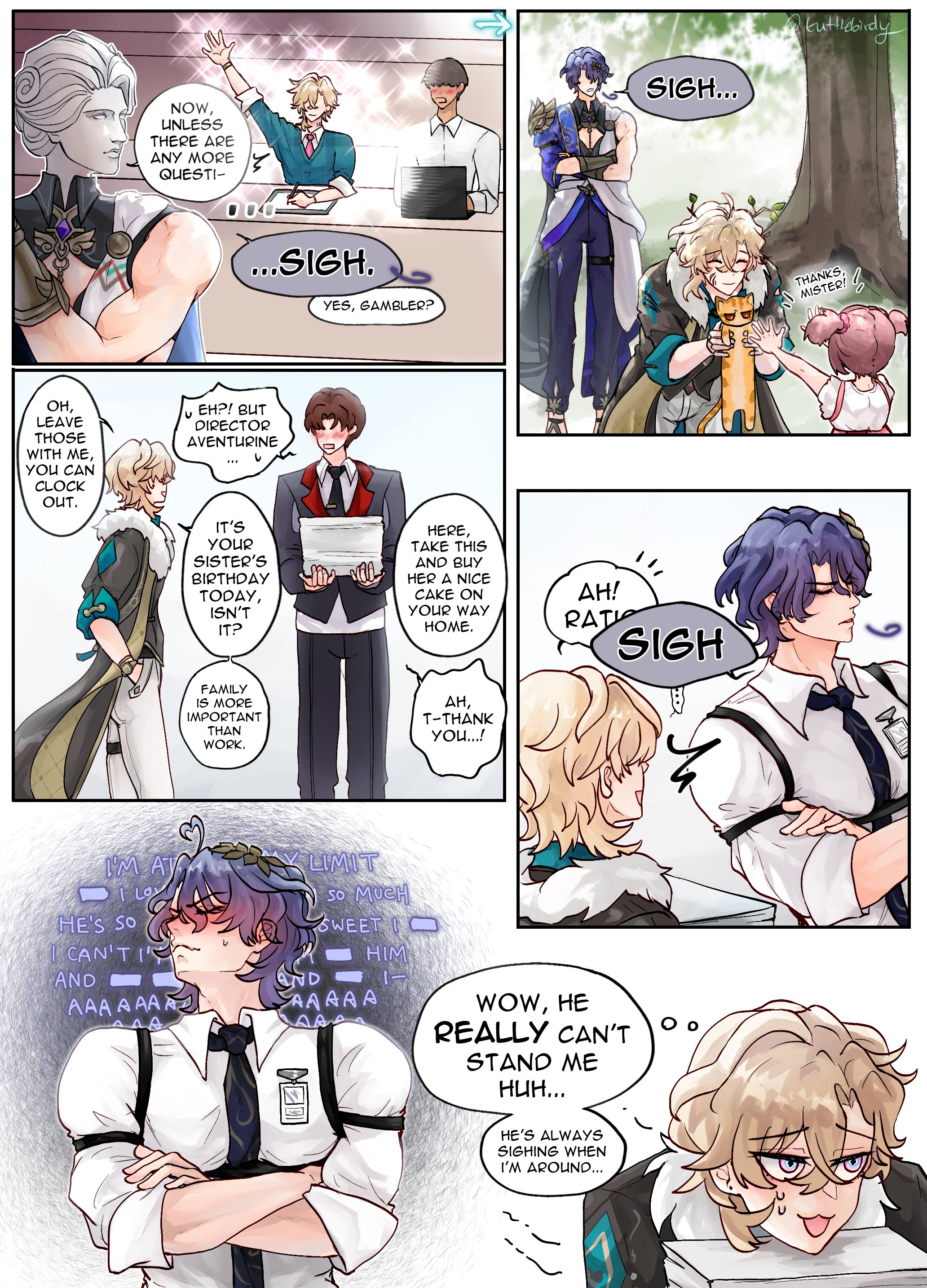 the image is a multipanel comic strip or webtoon, rendered in a vibrant anime style.  it depicts a series of interactions between several characters, primarily focusing on a dynamic between two blond characters (one seemingly oblivious and the other visibly irritated by the former's presence). the story unfolds in various locations, including an office setting and a park.  the narrative involves a birthday, a workrelated request, and a strong undercurrent of unspoken feelings.  the art style is clean and expressive, effectively conveying the emotions of the characters through facial expressions and body language.  the storyline suggests a humorous and potentially romantic subtext.