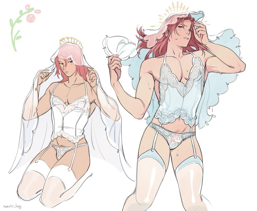the image is an illustration of two muscular men dressed in bridal lingerie. the man on the left has pink hair, a white corset, garter belt, and stockings. he wears a veil and halo. the man on the right has red hair, a light blue corset, garter belt, and stockings. he also has a veil and halo, and appears to be fanning himself. there's a pink floral design in the top left.