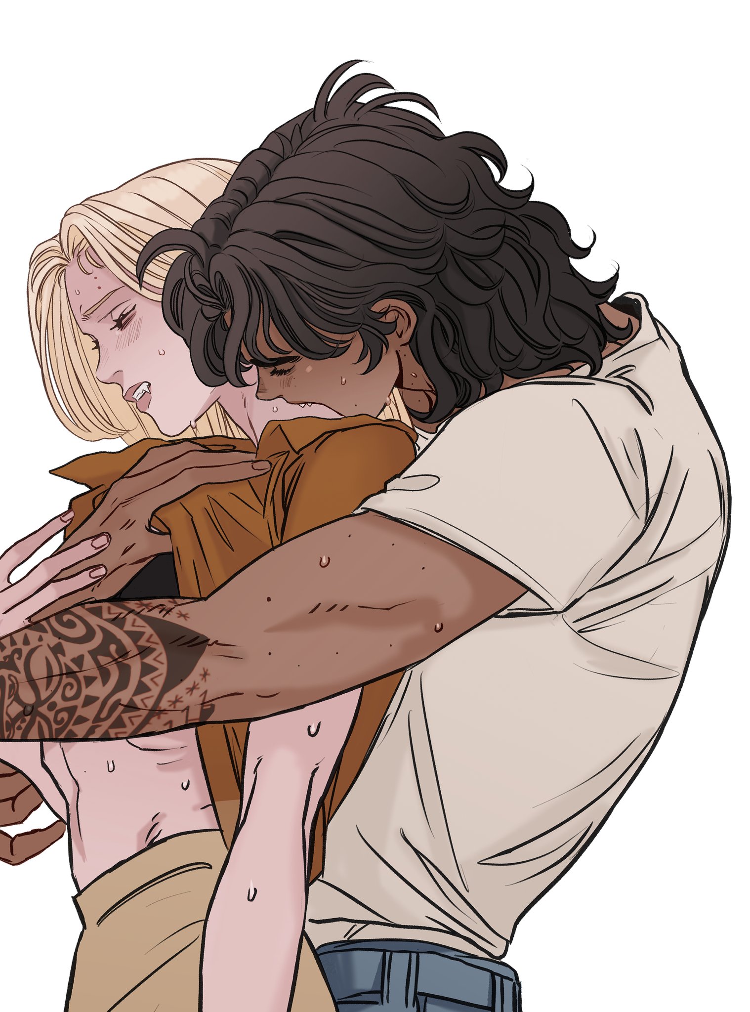 a digital illustration of a darkhaired man embracing a blonde woman, showing affection. the woman is wearing a tan jacket and appears distressed, with visible tears. the man has a tribal tattoo on his arm and is wearing a white tshirt.