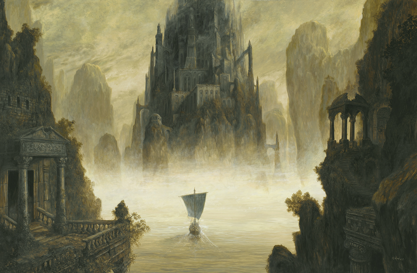 this fantasy art painting depicts an imposing, medieval castle perched upon a rocky island in the middle of a misty body of water. a lone sailboat navigates the tranquil waters towards the hidden structure, its sails billowing gently.  the scene is rendered in muted, earthy tones, enhancing the mysterious and somewhat melancholic atmosphere. the ruins of classical architecture in the foreground hint at a rich and ancient history.
