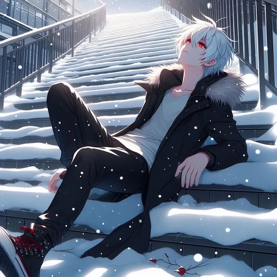 an anime boy with white hair and red eyes is sitting on a snowcovered staircase. he is wearing a black jacket, black pants, and a white shirt. he is looking up at the sky, and there are snowflakes falling around him. the scene is set in winter.