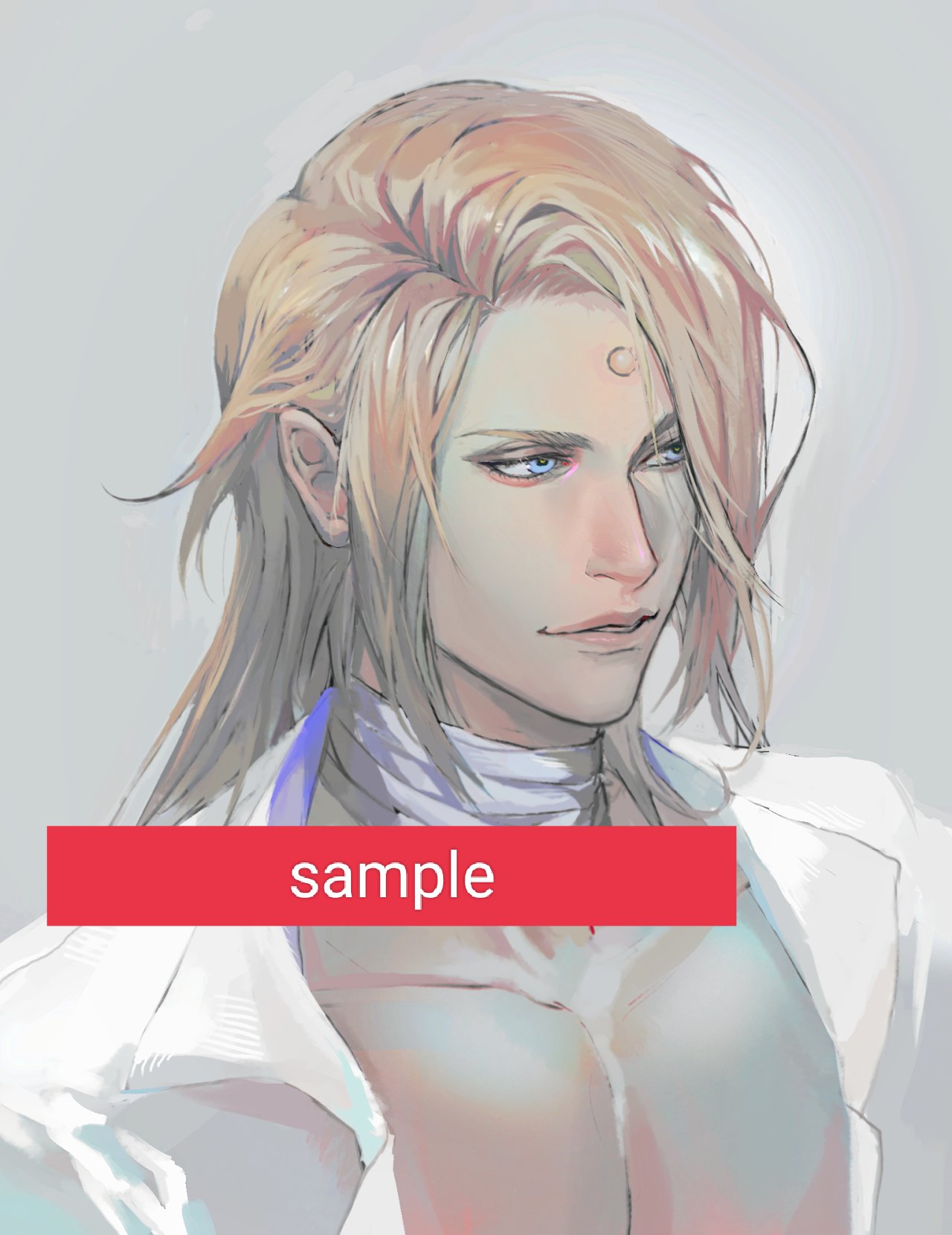 this is a digital illustration of a man with long blonde hair. he is wearing a white shirt with a red collar and is smiling. he has blue eyes and a white background. he is looking to the right of the image. the image is labeled "sample".