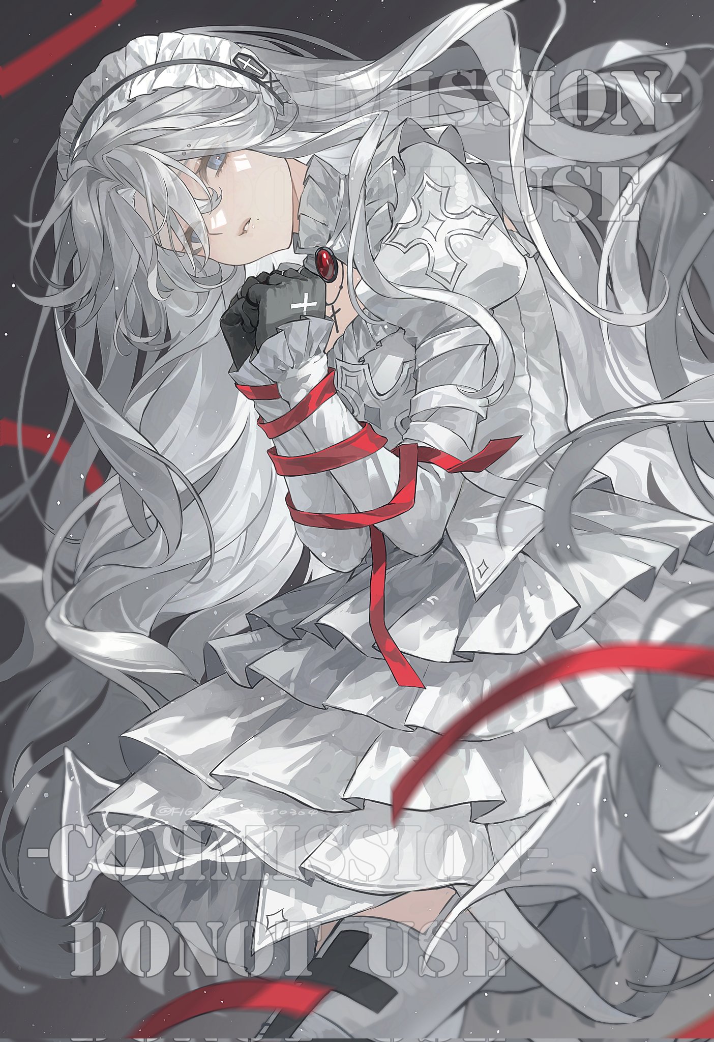 a digital animestyle image features a young girl with long, flowing white hair and light blue eyes. she is dressed in an elaborate white dress with multiple layers of ruffles and some elements that resemble light armor. her black gloves are adorned with a cross. her hands are close together in a prayer pose, secured with a red ribbon that wraps around her wrists. a red gem adorns her neck, and her headpiece features a cross. the background is a subtle blend of gray and black tones. the image has a watermark across it that says "commissiondon't use".