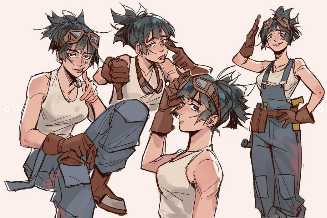 the image presents four sketches of a female character, possibly a mechanic or engineer, depicted in various poses. she wears goggles, a white tank top, baggy pants, and work gloves, with a tool belt slung around her waist in one of the sketches.  the style is loose and expressive, with visible linework and a focus on capturing movement and personality.  the overall palette is muted and earthy.