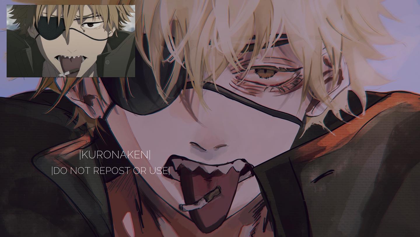 the image is a digital fanart depicting a stylized male anime character.  he has blond, somewhat messy hair, an eyepatch covering his left eye, and visible scars around his eye. his expression is provocative, with his tongue sticking out slightly, and he appears to be holding a cigarette. the overall style is dark and edgy, with a grungelike aesthetic. the art incorporates elements reminiscent of manga and anime. a smaller inset image in the upper left corner shows the apparent source character for the fanart.  the artist's signature, "ikuronakeni," and a request not to repost or use the art are visible in the lower center.