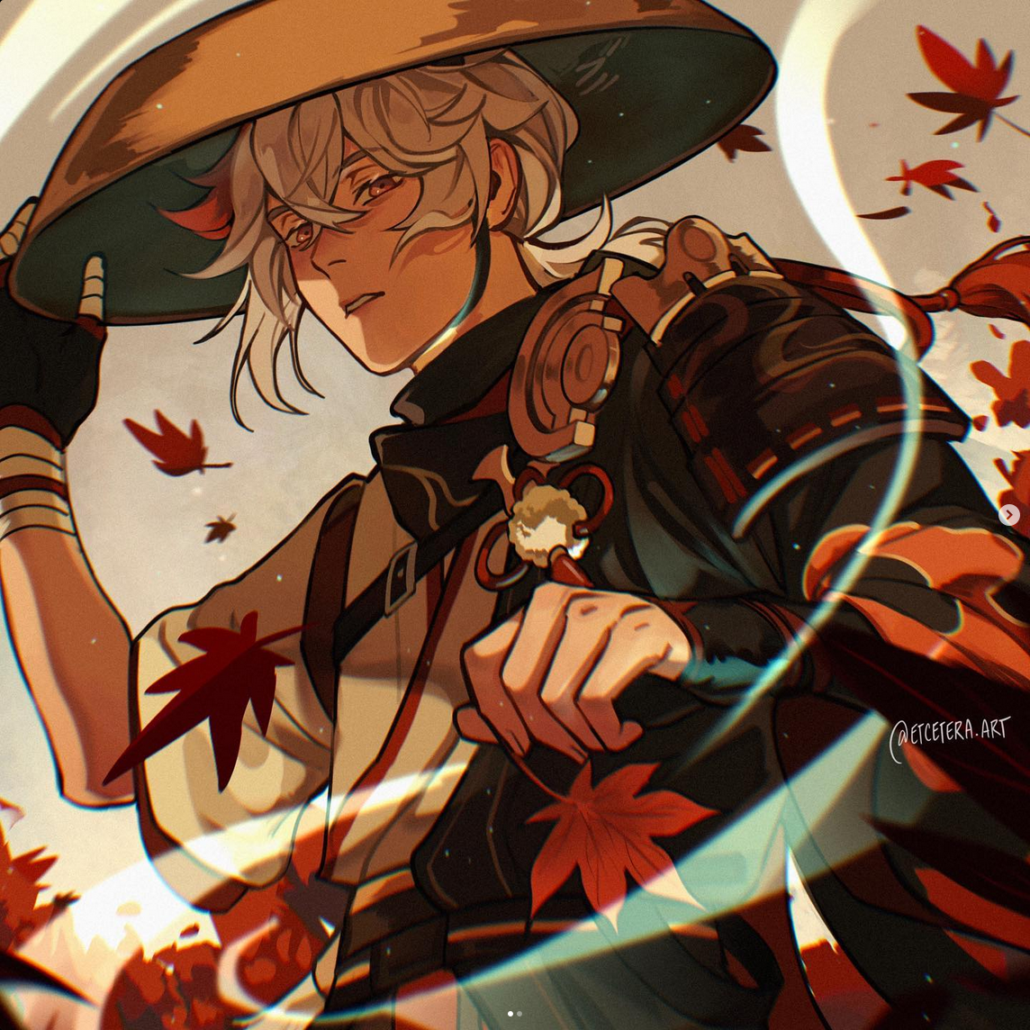 this is a digital illustration of kaedehara kazuha from the game genshin impact. the art style is animeinspired, and the color palette is warm and autumnal. kazuha, a young man with white hair and red accents, is depicted in a dynamic pose against a backdrop of swirling maple leaves. he wears a traditional japanese outfit with samurai influences and holds his signature sword. the artwork exudes a sense of action and serenity, capturing the essence of the character.