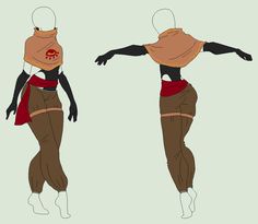 a stylized fashion design sketch showcases a female figure in a twotone outfit. the character sports a short, sleeveless, tan top with a draped neckline and a darker brown underlayer.  red accents appear on the belt and the upper chest.  the pants are formfitting and a similar dark brown, ending in stirrups around the ankles. the pose highlights the outfit from both front and side perspectives.