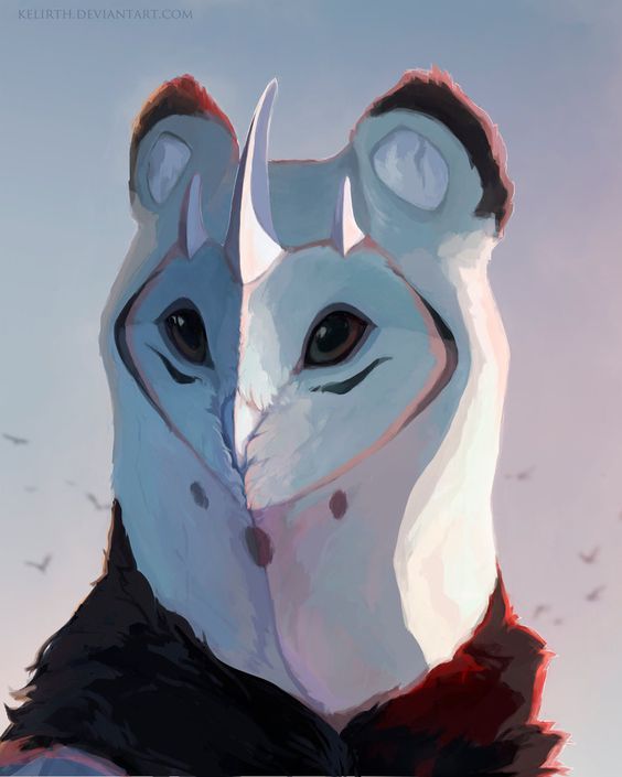 a digital painting depicts a fantasy animal creature in a portrait view. the creature has white and black fur, with a distinctive split face down the middle. it has horns, expressive eyes, and rounded ears. the background shows a sky with flying birds. the artist's signature "kelirth.deviantart.com" is visible in the top corner.