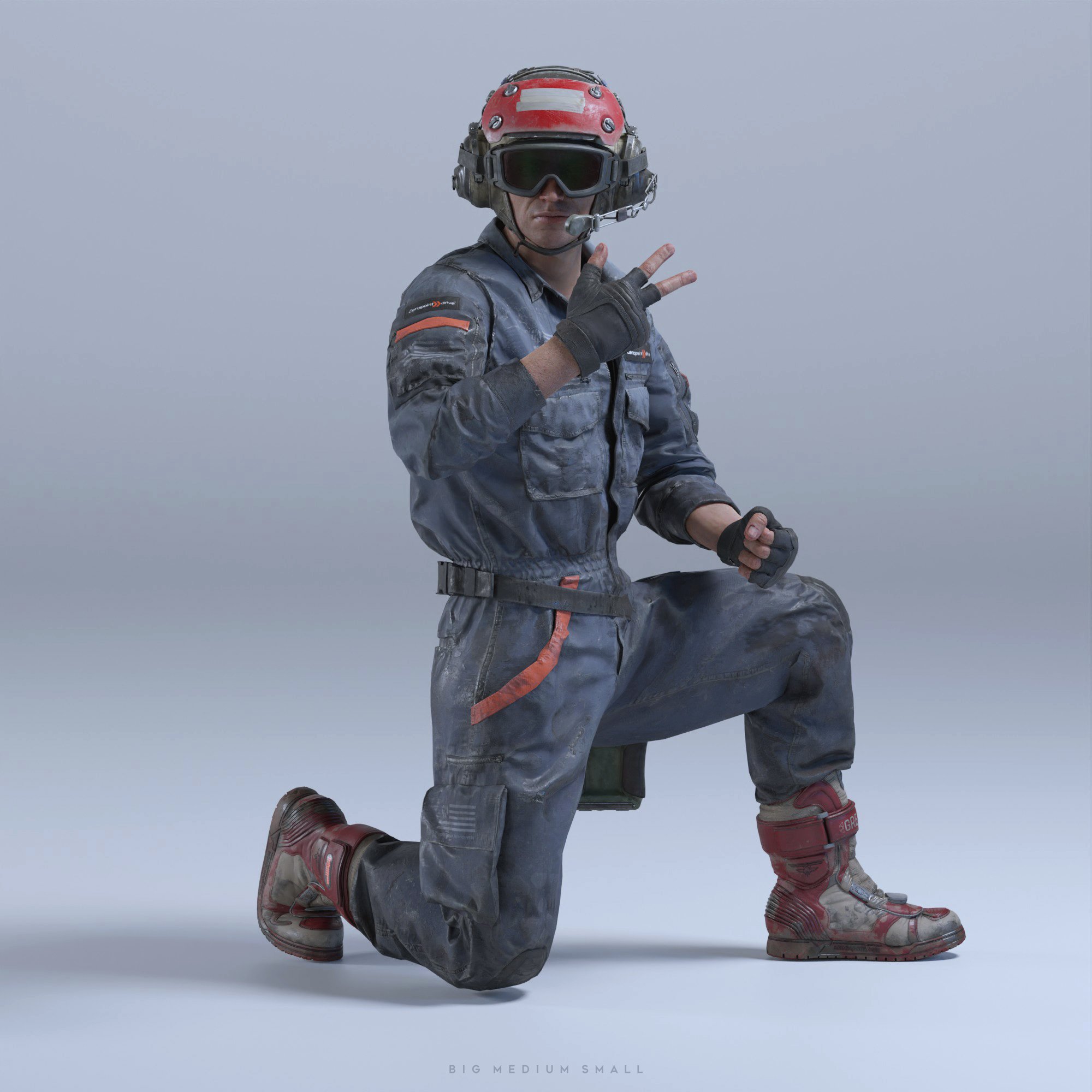the image is a highquality 3d render depicting a soldierlike character.  the character is kneeling on one knee, and giving a peace sign with their right hand. they are wearing a weathered grey jumpsuit with orange accents, protective goggles and a red and white helmet with a headset.  their boots are also heavily worn, suggesting battles or intensive activity. the background is a simple, light grey, creating a focus on the character model. the overall style is realistic and detailed, potentially suggesting a videogame or film character design. the image quality is very high, emphasizing the details of the character's clothing and equipment.