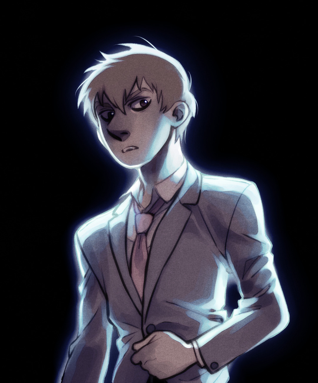 saitama from one punch man wearing a glowing gray suit and a pink tie, depicted in a dramatic, backlit style against a dark background.