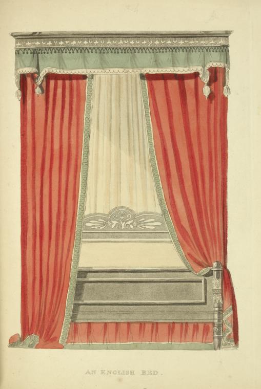 the image is a drawing of an antique english bed with a canopy. the bed has a wooden frame with a carved headboard. the canopy is draped with red curtains trimmed with a green border and tassels. a white curtain is positioned in the center. a valance with decorative edges tops the canopy. the text "an english bed" is at the bottom.