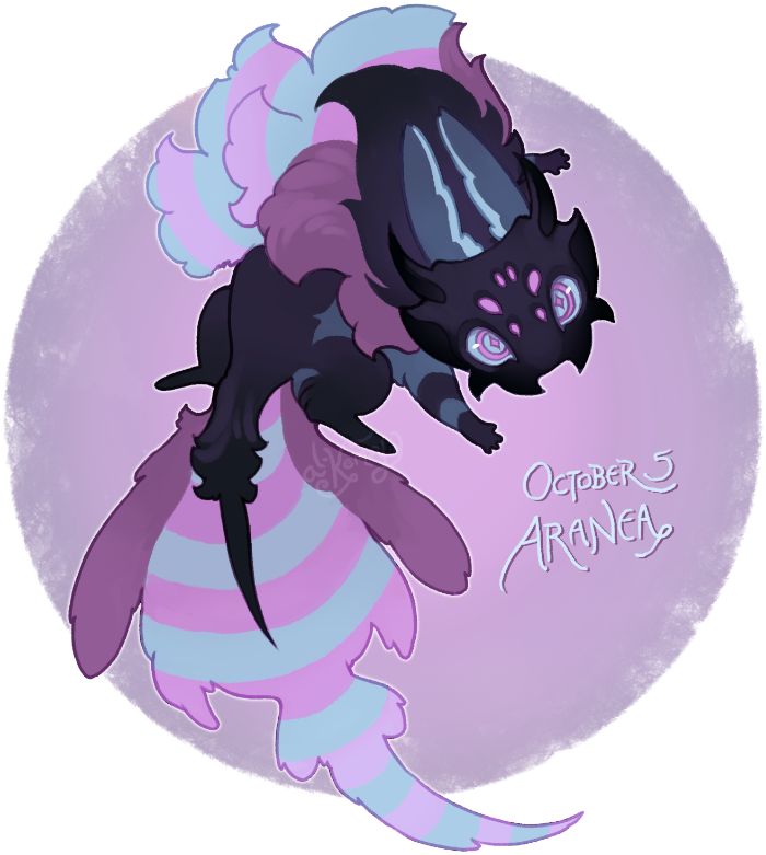 a cartoonstyle illustration of a fantasy creature, possibly inspired by a spider. the creature is predominantly dark purple with blue highlights. it has a striped tail with purple and blue bands. its head features six eyes and a somewhat menacing expression. above its body is a fluffy, decorative element with blue and purple hues. the illustration also includes handwritten text "october 5 aranea" in the lower right corner. the background is a soft, faded purple.