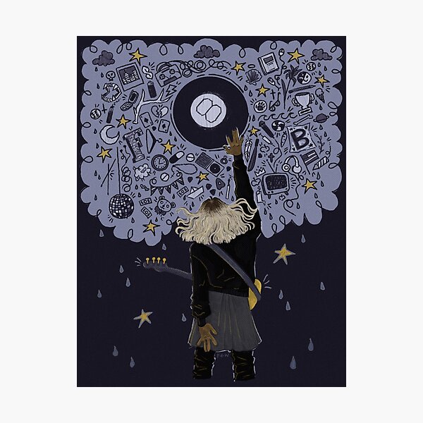 a digital illustration of a woman with long flowing blonde hair playing a guitar, reaching up to a cloud full of illustrations of various symbols and icons.