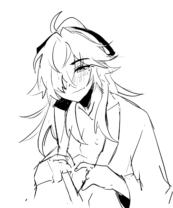 a line art sketch of a young woman with long hair, wearing a casual outfit, and a headphone. she smiles and looks happy. it is drawn in a simple anime style.