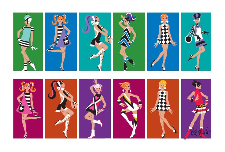 a fashion illustration featuring twelve stylized female figures in various 1960s modinspired outfits against rectangular blocks of different solid colors. the women are depicted in dynamic poses, wearing dresses with geometric patterns, gogo boots, and accessories like hats, earrings, and gloves. the overall style is retro and colorful, reminiscent of vintage fashion advertisements and illustrations. the artwork is signed by bill mackin.