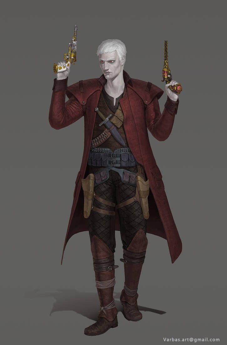 a digital painting of a male fantasy character. he has pale skin and white hair and is dressed in a long red coat, dark pants, and boots. he's holding two ornate pistols and has various other weapons on his belt. the style is a blend of fantasy and western elements, with steampunk influences. the background is a simple, solid grey. the image is highly detailed and wellrendered.