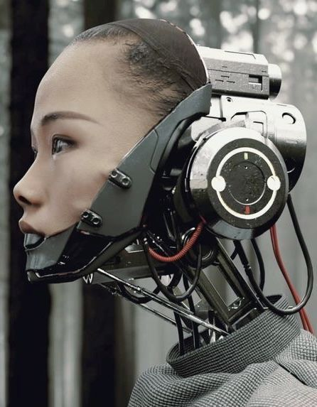 the image showcases a closeup profile view of a female cyborg in a forest setting. her head and neck are adorned with intricate mechanical augmentations, blending human features with advanced technology. the cyborg's serene expression contrasts with the complex machinery, prompting contemplation about the intersection of humanity and artificial intelligence in a natural world.