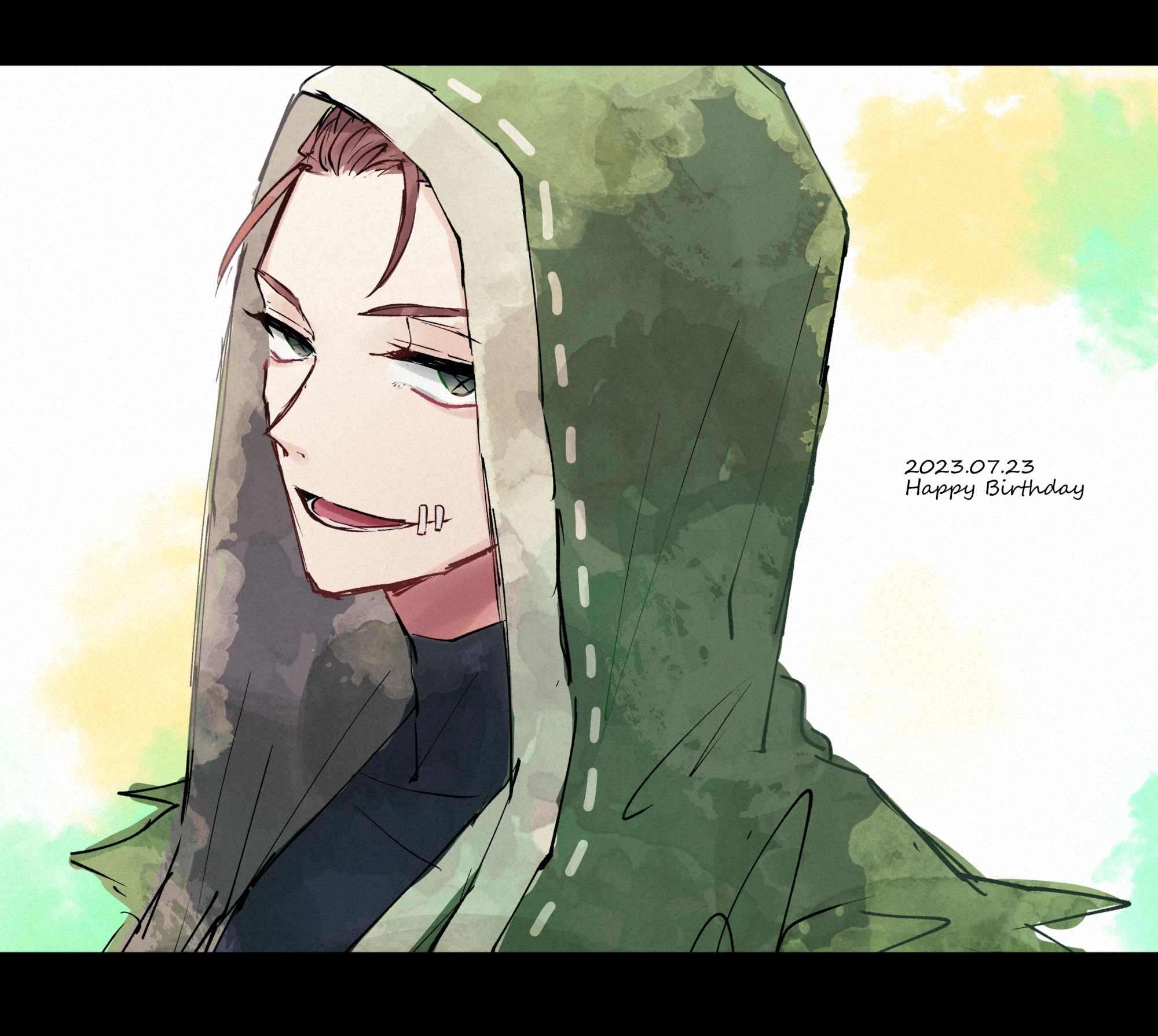 an anime style drawing of a young man with brown hair, wearing a green hooded jacket. he has a small smile on his face. the background is light yellow and green. the image is signed "2023.07.23 happy birthday"