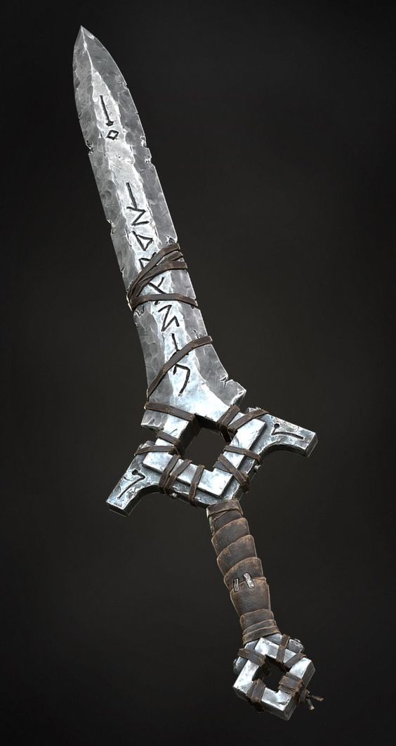 a fantasy short sword with an ornate crossguard and leather wrappings. there are runes etched into the blade and the metal appears to be worn.