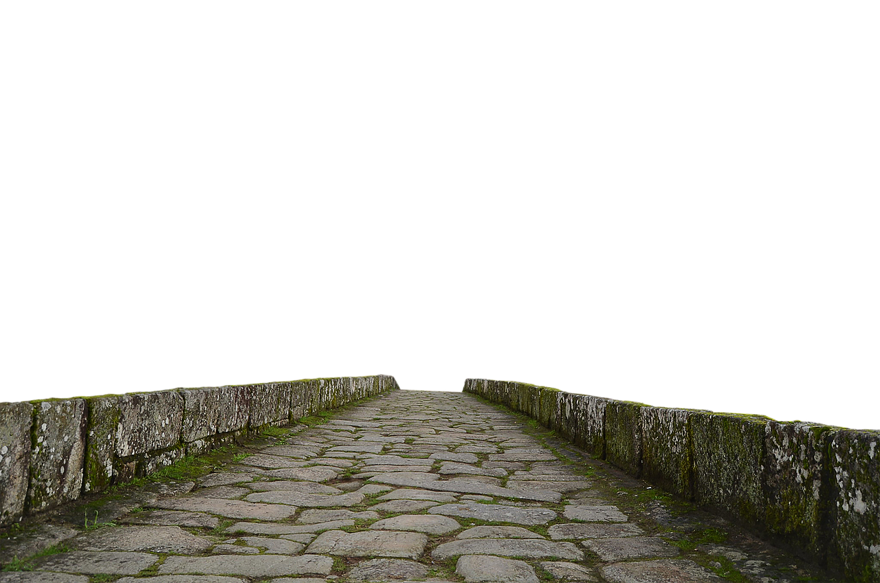 a stone bridge with a cobblestone path is seen against a black background. the stones are covered in moss, giving them a weathered look. the path leads into the darkness, creating a sense of mystery and anticipation.