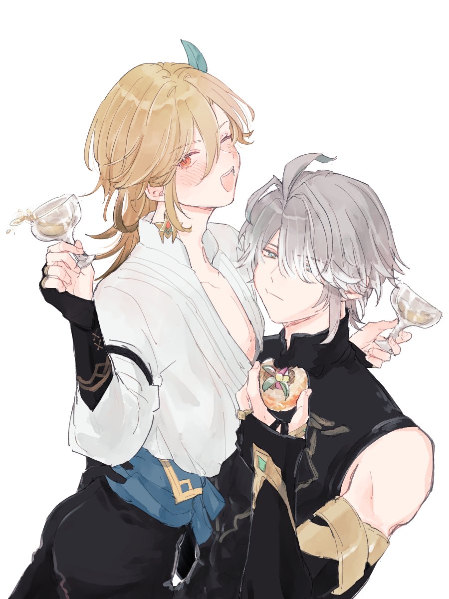 the image shows two anime characters, one with blond hair wearing a white top and black pants and the other with silver hair wearing a black top. both are smiling and drinking champagne, one is holding the other and they look very close to each other. the background is white.