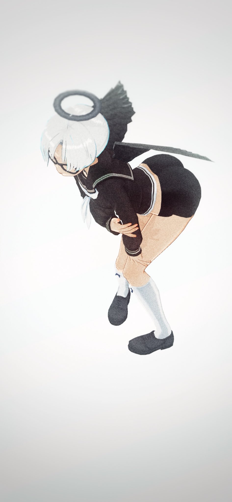 the image is of an anime girl drawn in a slightly exaggerated "anime" style, wearing a black and white school uniform with black angel wings and halo. she is posed with a tilted head, bent knees, and her hand on her hip. the background is plain white.
