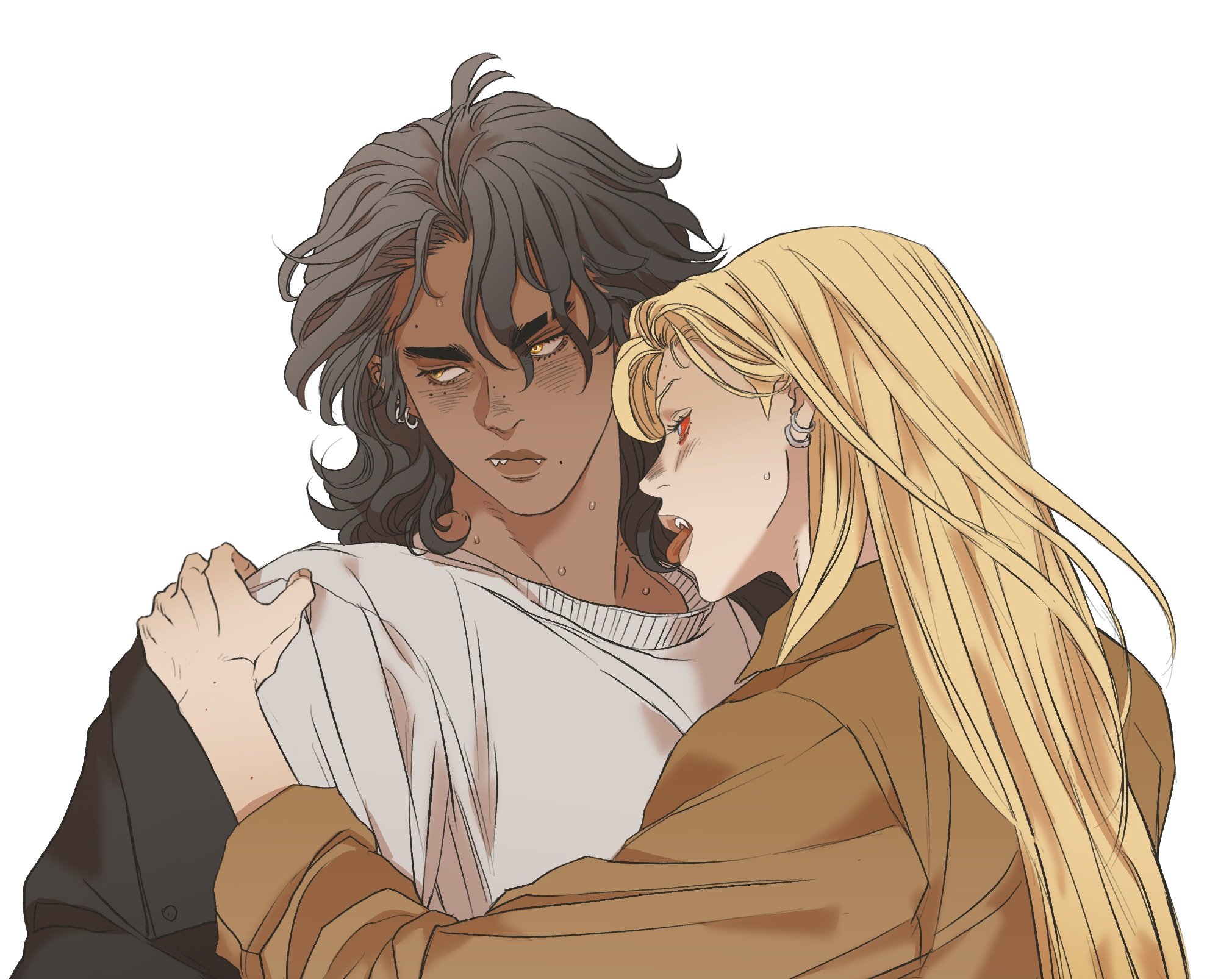 a cartoon image of a darkskinned male with curly brown hair, fangs, yellow eyes, and wearing a white shirt under a black coat is hugging a paleskinned female with blonde hair, fangs, and red eyes, who is wearing a tan jacket. they both have earrings and appear to be vampires. the male is sweating.