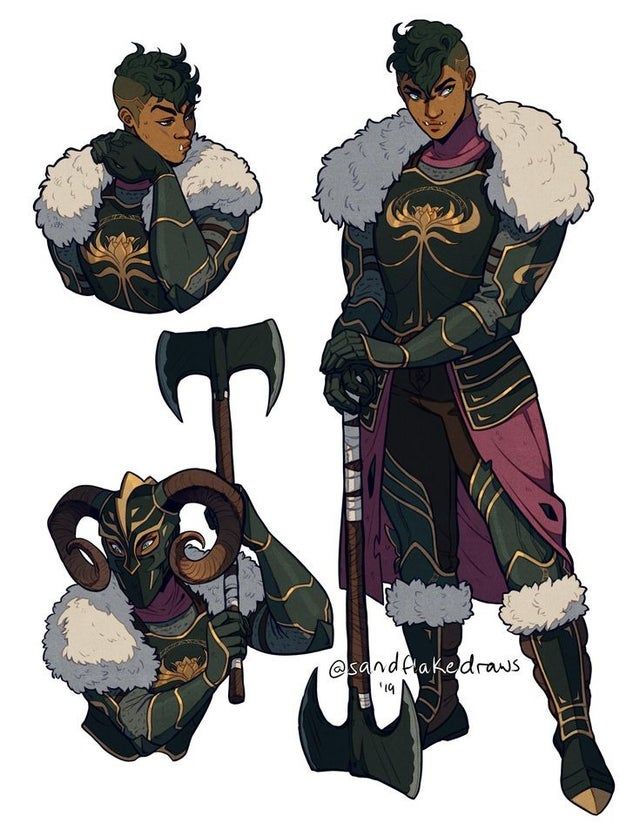 the image showcases a fantasy character design. it presents three views of a male knightlike figure.  one view is a full body shot of the character in dark green armor with gold accents, a furtrimmed cloak, and wielding a large axe. another is a closeup headshot of the character,  and the third is a closeup shot of a different character wearing a horned helmet and similar armor. the style is digital illustration, with a dark fantasy aesthetic and a focus on detailed armor and character expressions. the artwork is highly stylized and uses strong color contrasts. the background is white, isolating the character designs.