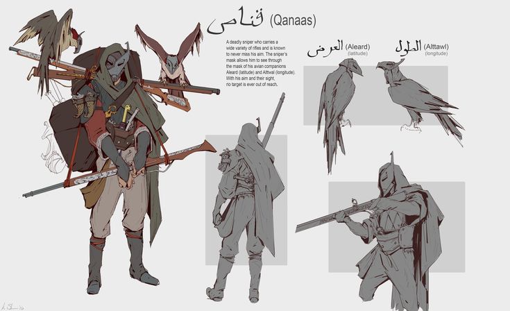 this is an illustration of a fantasy character called qanaas, a deadly sniper. the image features a fullbody design of the character, including their clothing, mask, and weapons. there are also sketches of two birds, aleard and altal, representing the sniper's avian companions.  the characters are drawn in a semirealistic style, with a focus on detail. the image has a dark and mysterious feel, and is reminiscent of fantasy and medieval art. arabic text is used to label the character, and the birds are described as "aleard" (latitude) and "altal" (longitude).