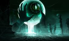 a mystical and eerie image of a glowing green eye inside a floating orb. two shadowy hands reach out towards the orb, and the background is filled with tall, slender figures that appear to be made of stone. the overall atmosphere is dark, mystical, and otherworldly.