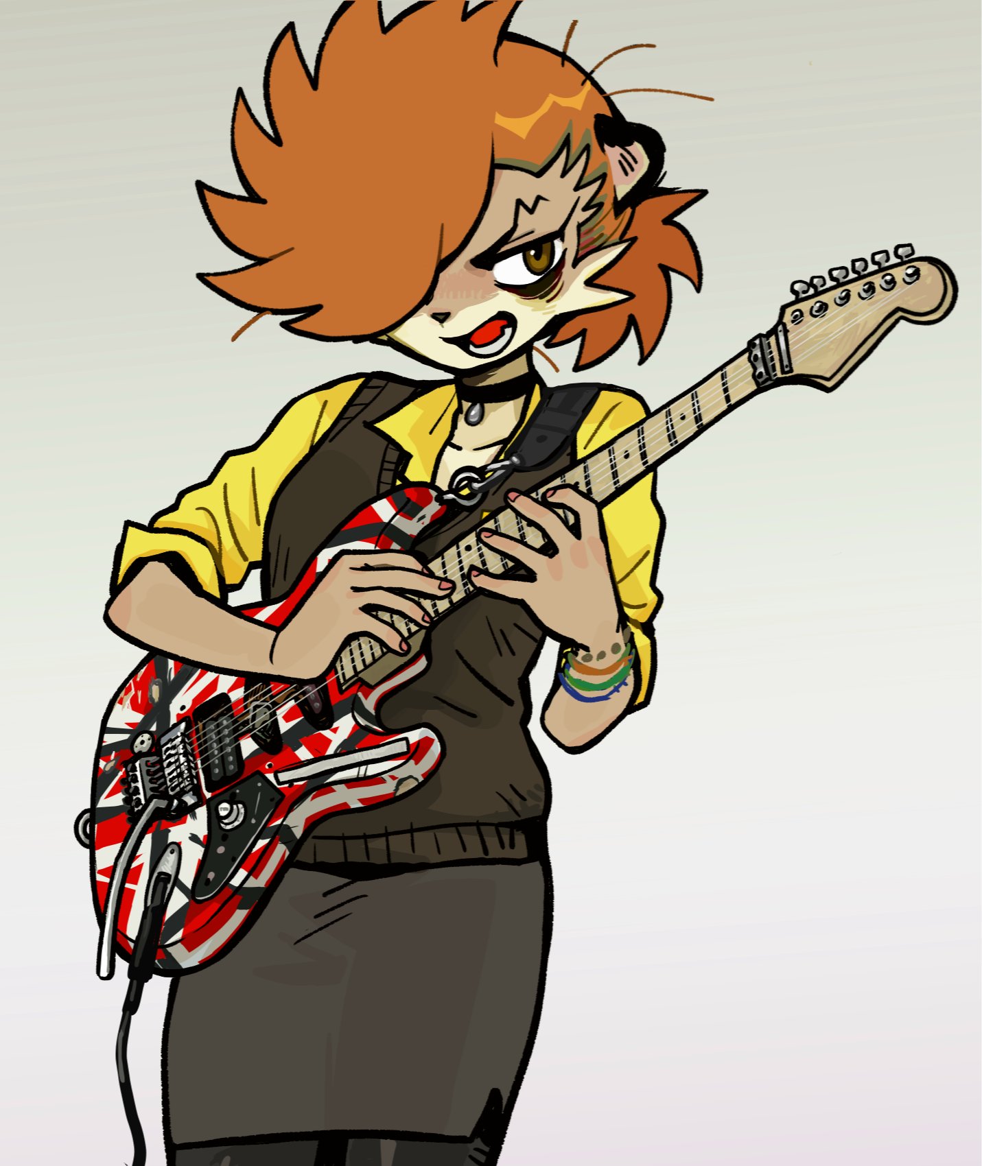 a cartoon anime girl with orange hair is playing a red and black electric guitar. the girl is wearing a yellow jacket, black vest, and black pants. she is performing for an audience and looks cool and confident.