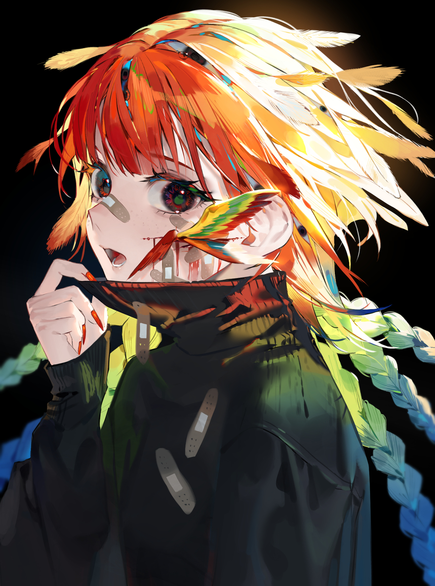 anime style illustration of a girl with orange and yellow hair adorned with colorful feathers. she is wearing a black turtleneck and has bandages on her face and clothing. there's blood visible on her face, and a colorful birdlike feather is pierced through her ear. her expression is one of surprise or fear, with wide eyes. the background is black.