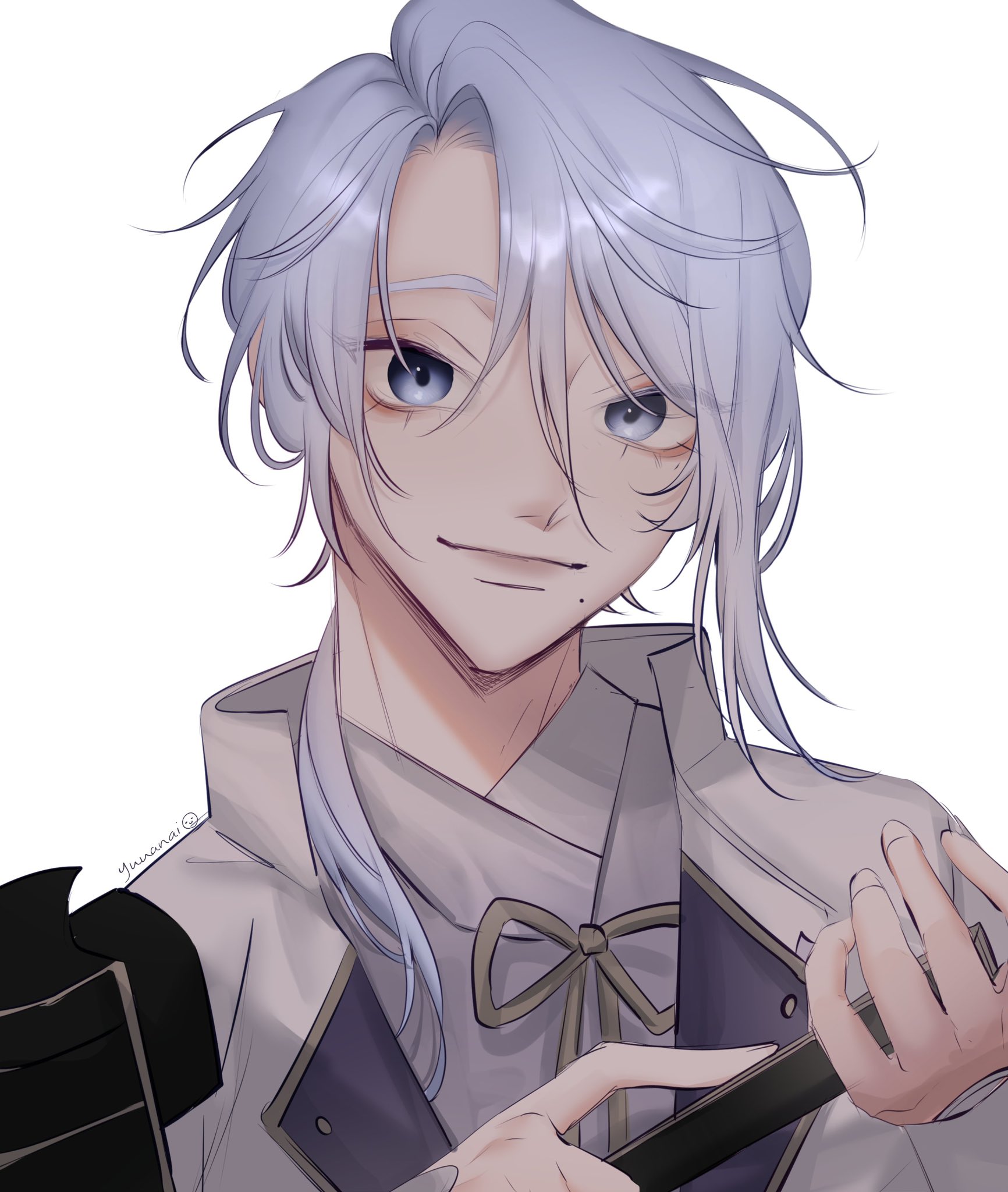 a portrait of a young male anime character with white hair, blue eyes, and a smile. he is wearing a grey kimono, and a grey jacket over it. his expression is playful and mischievous, and he has a slight smirk on his face. the background is white.  it's a digital illustration in an anime style.